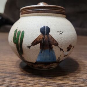 Vintage Mexico Tonala Clay Pottery Vase with Lid Sandstone Mother Child Folk Art